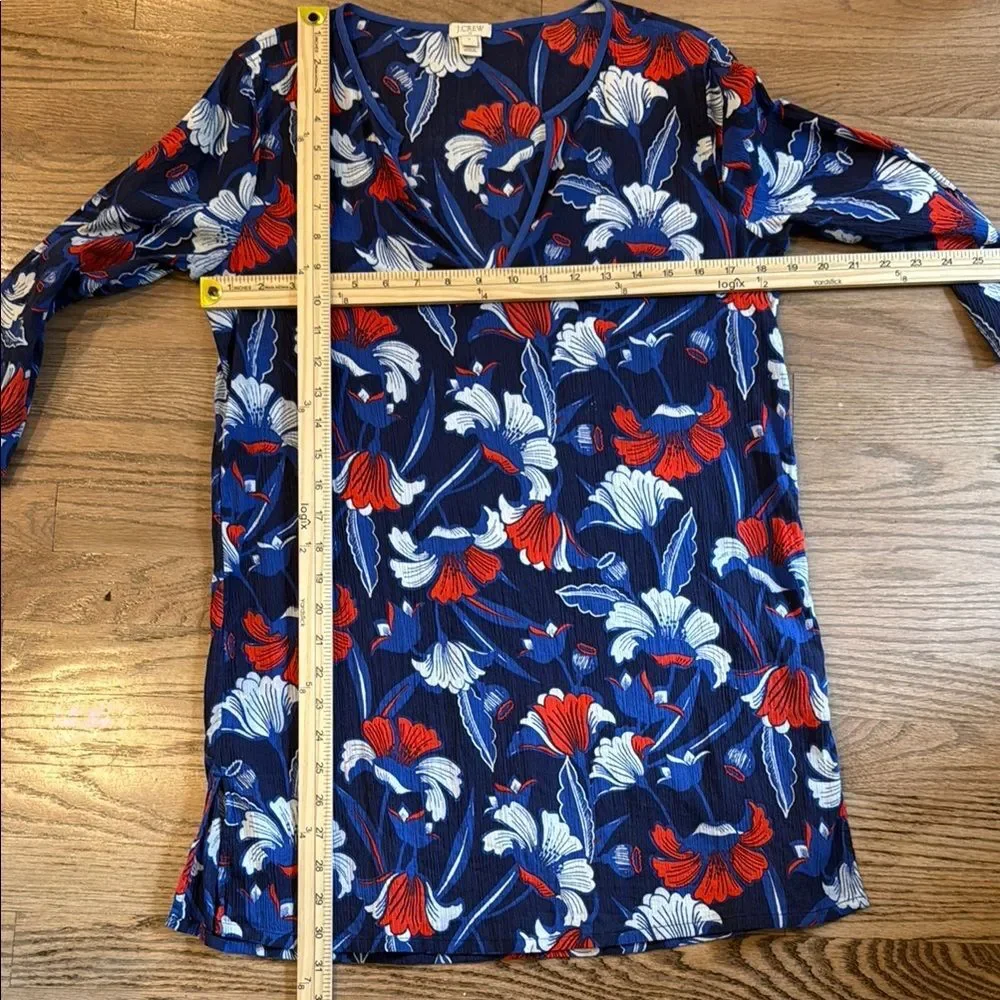 J. CREW Floral Tunic Gauzy Crinkle Cotton Split Neck Dress Blue Red White Small